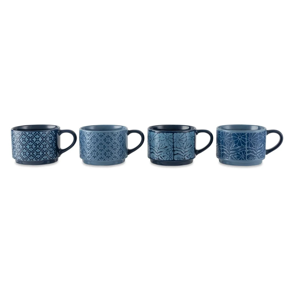 4 Pack Stackable Mugs Floral Geometric Patterns Stoneware Dishwasher Microwave Safe Coffee Tea Drinkware Space Saving Kitchen
