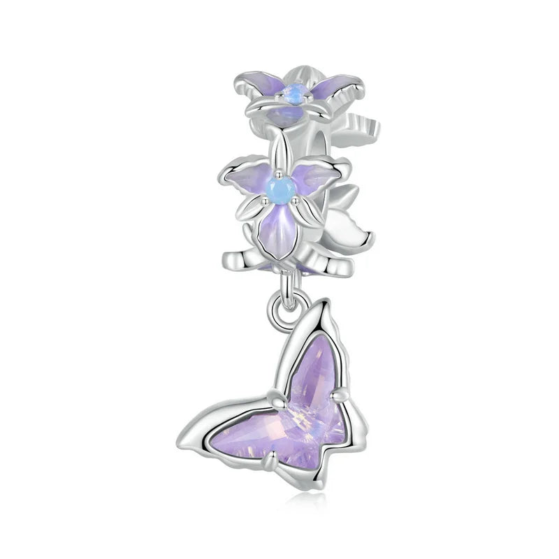 Bamoer 100% 925 Sterling Silver Romantic Crystal Butterfly Iris Charm For Women Fit Bracelet DIY Necklace Fine Jewelry Gift
