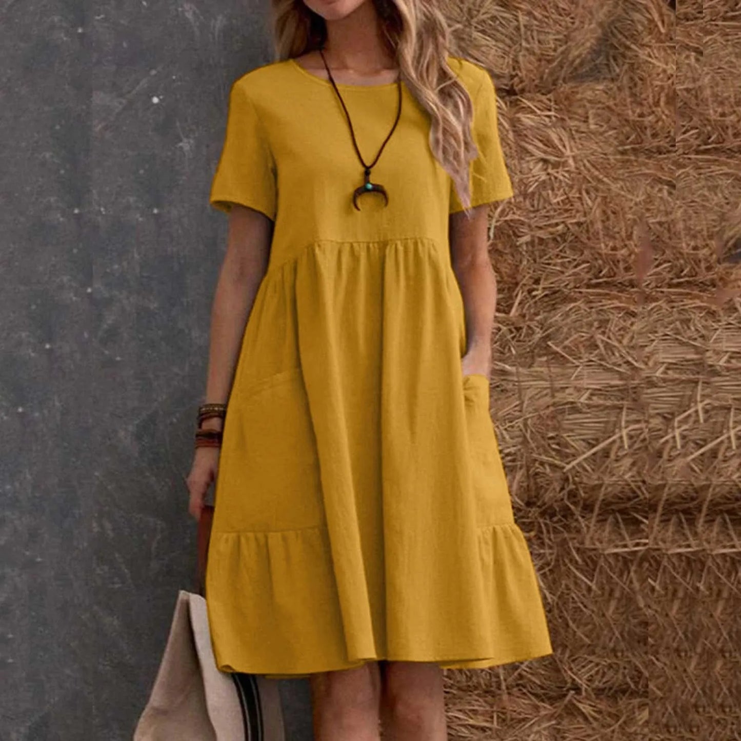 Evening Dresses Outfits Women Fashion Solid Vintage Cotton And Linen Loose Pocket Round Neck Short Sleeve