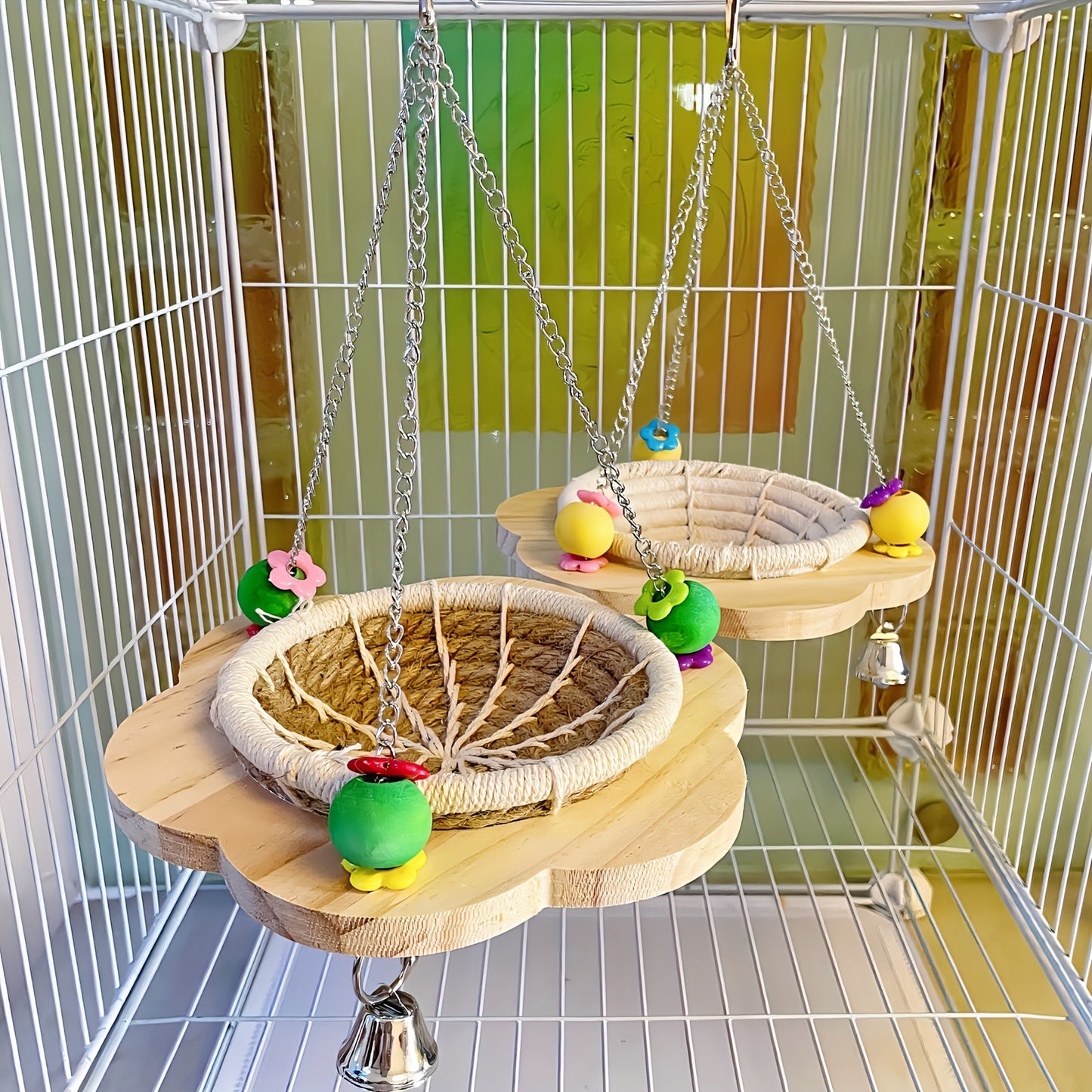 Cozy Bird Hammock Swing - Durable Plywood Nest for Parrots, Squirrels & Small Pets with Random Bead Accents