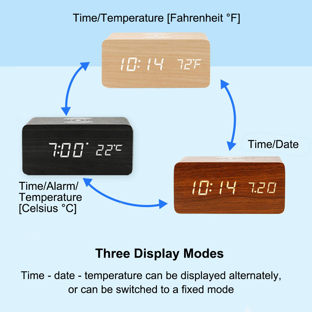 Wooden Desk Digital Clock Phone Chargers LED Display Temperature Wooden Digital Alarm Clock Wireless Charger Desk Table Clocks