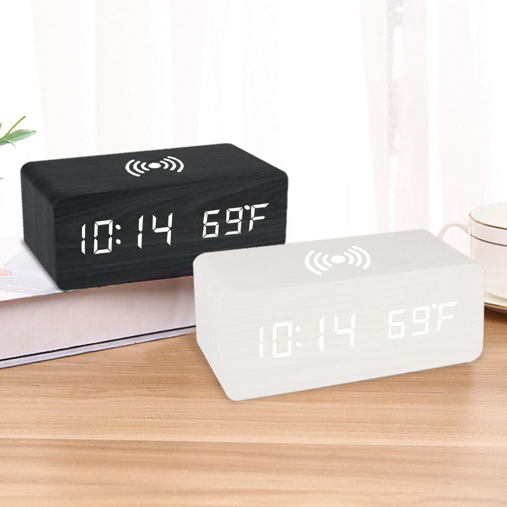Wooden Desk Digital Clock Phone Chargers LED Display Temperature Wooden Digital Alarm Clock Wireless Charger Desk Table Clocks