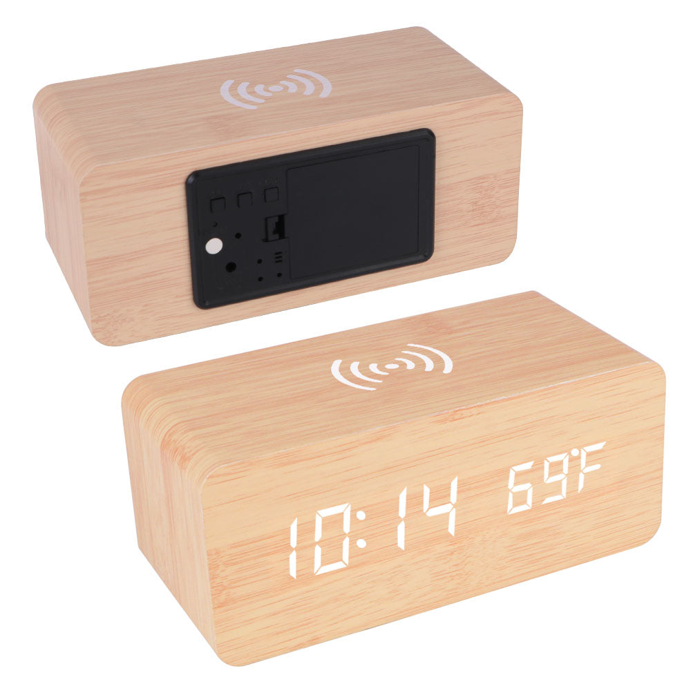 Wooden Desk Digital Clock Phone Chargers LED Display Temperature Wooden Digital Alarm Clock Wireless Charger Desk Table Clocks
