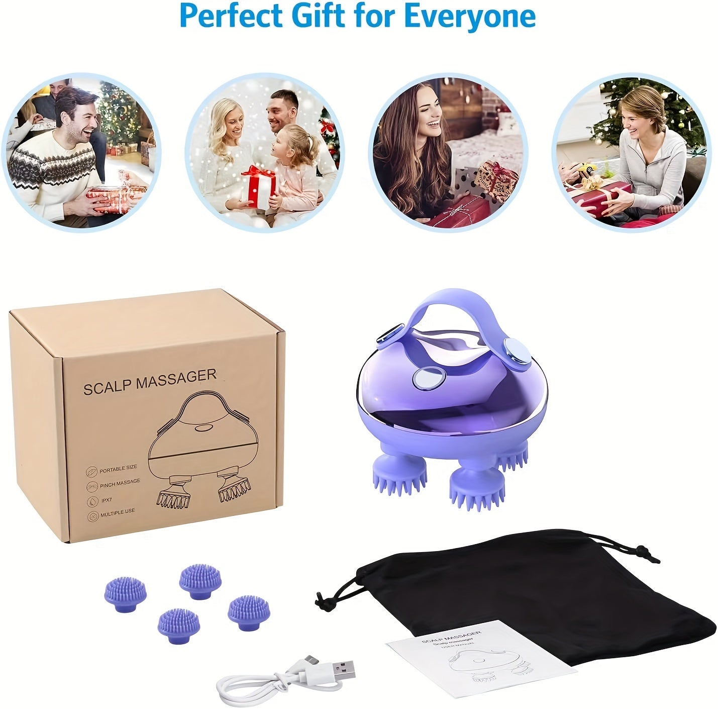 1pc XSEN Rechargeable Electric Scalp Massager, Handheld with 8 Detachable Claws, 3 Speeds, 2 Modes, USB Charging, Lithium Polymer Battery, Portable for Relaxation, Suitable for Women, Men, Pets