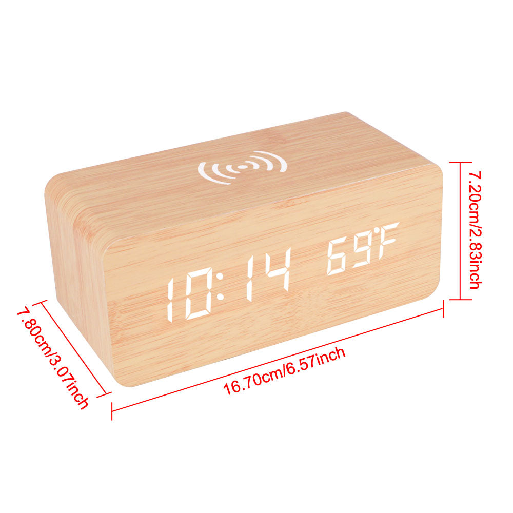Wooden Desk Digital Clock Phone Chargers LED Display Temperature Wooden Digital Alarm Clock Wireless Charger Desk Table Clocks