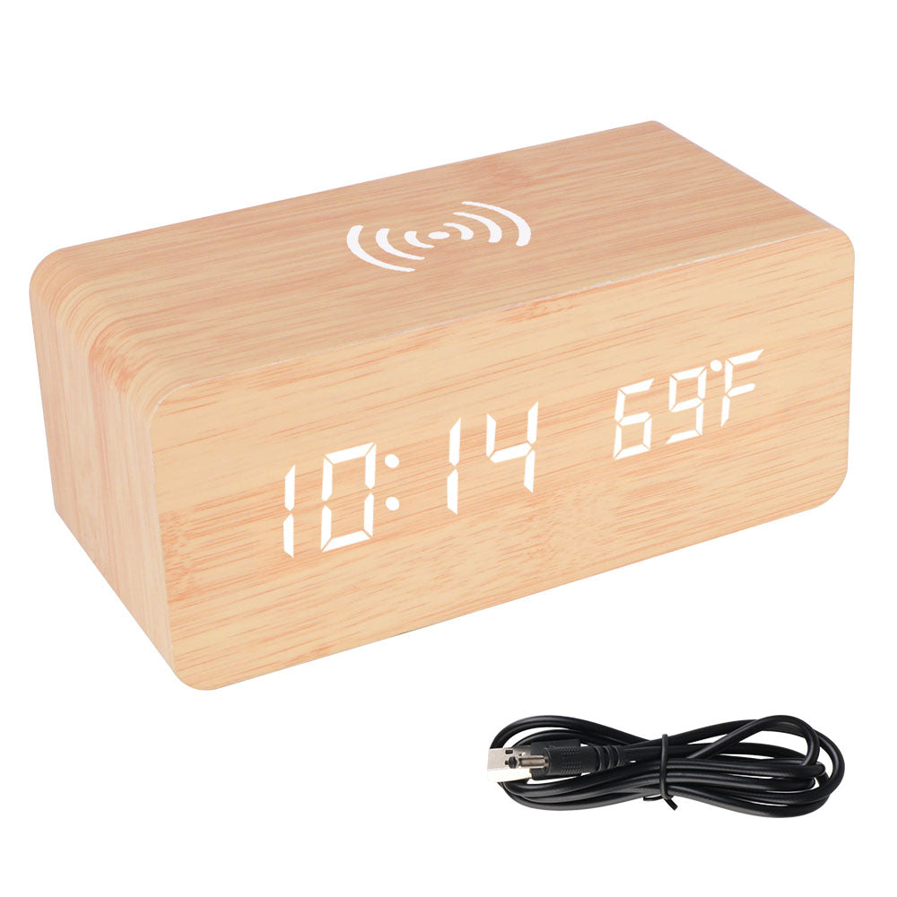 Wooden Desk Digital Clock Phone Chargers LED Display Temperature Wooden Digital Alarm Clock Wireless Charger Desk Table Clocks