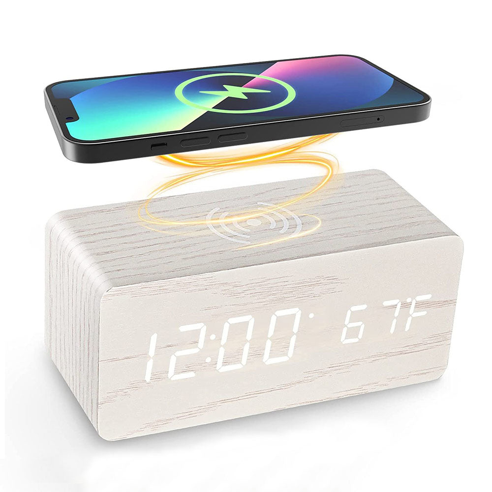 Wooden Desk Digital Clock Phone Chargers LED Display Temperature Wooden Digital Alarm Clock Wireless Charger Desk Table Clocks