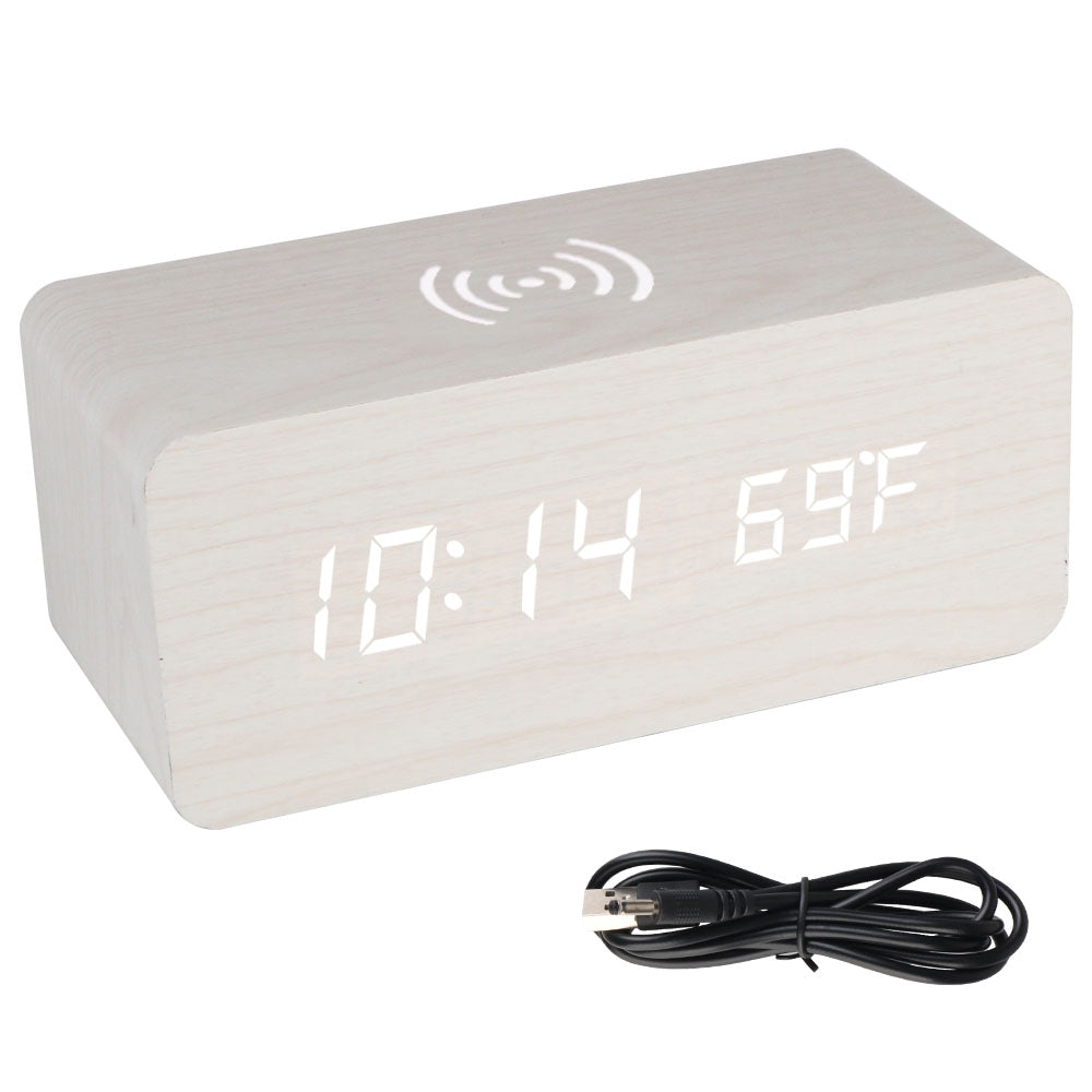 Wooden Desk Digital Clock Phone Chargers LED Display Temperature Wooden Digital Alarm Clock Wireless Charger Desk Table Clocks