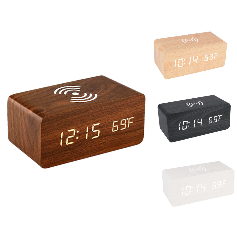 Wooden Desk Digital Clock Phone Chargers LED Display Temperature Wooden Digital Alarm Clock Wireless Charger Desk Table Clocks