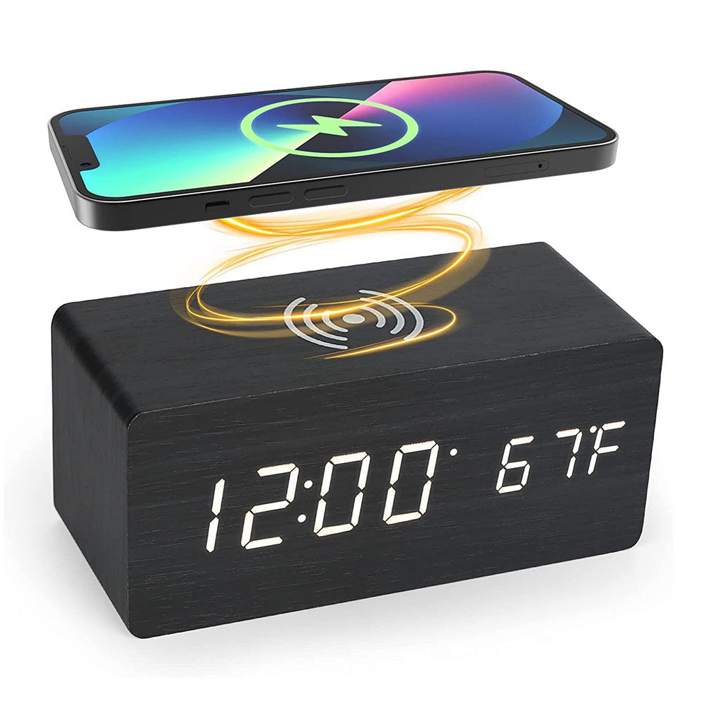 Wooden Desk Digital Clock Phone Chargers LED Display Temperature Wooden Digital Alarm Clock Wireless Charger Desk Table Clocks