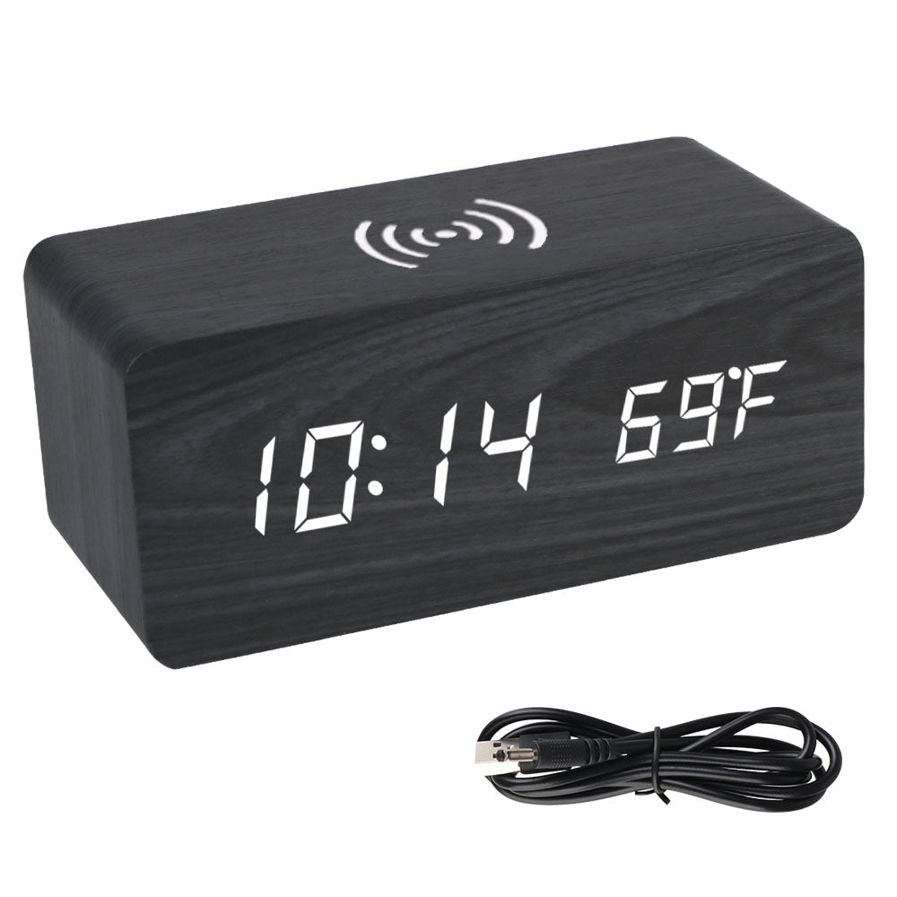 Wooden Desk Digital Clock Phone Chargers LED Display Temperature Wooden Digital Alarm Clock Wireless Charger Desk Table Clocks