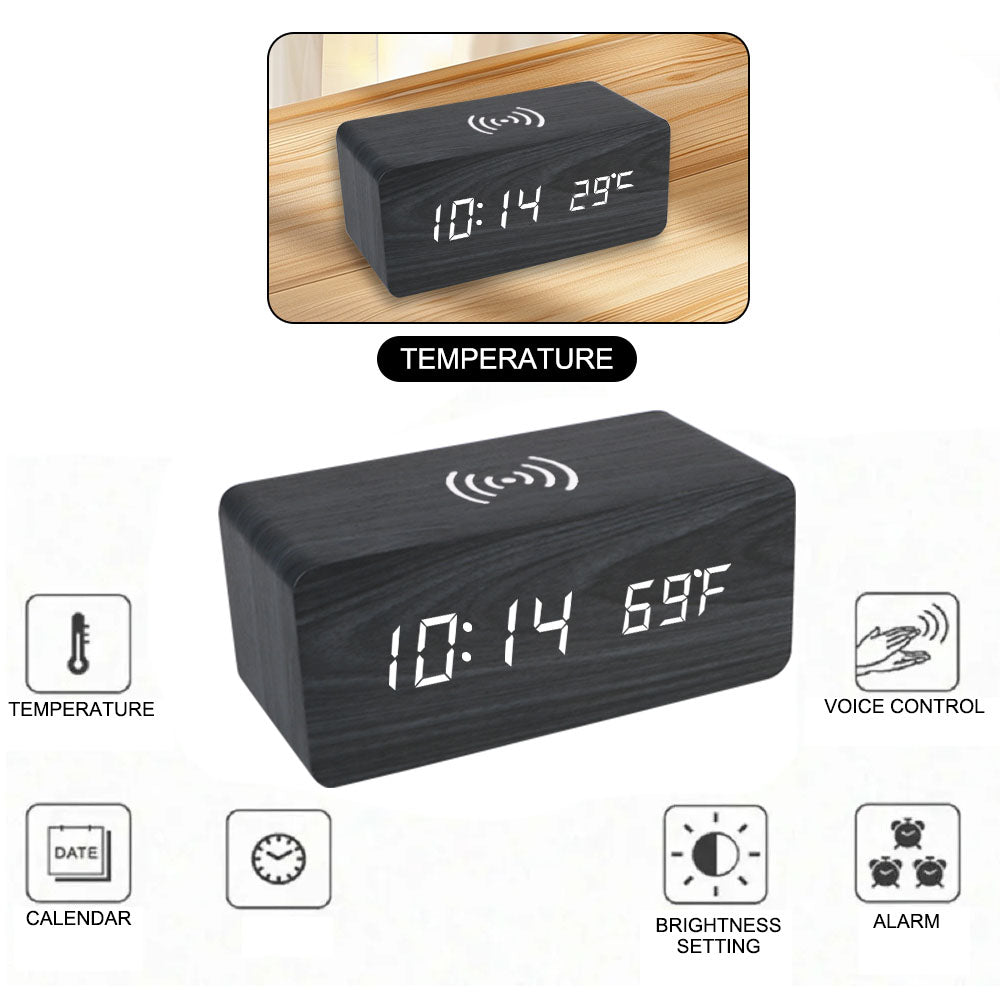 Wooden Desk Digital Clock Phone Chargers LED Display Temperature Wooden Digital Alarm Clock Wireless Charger Desk Table Clocks