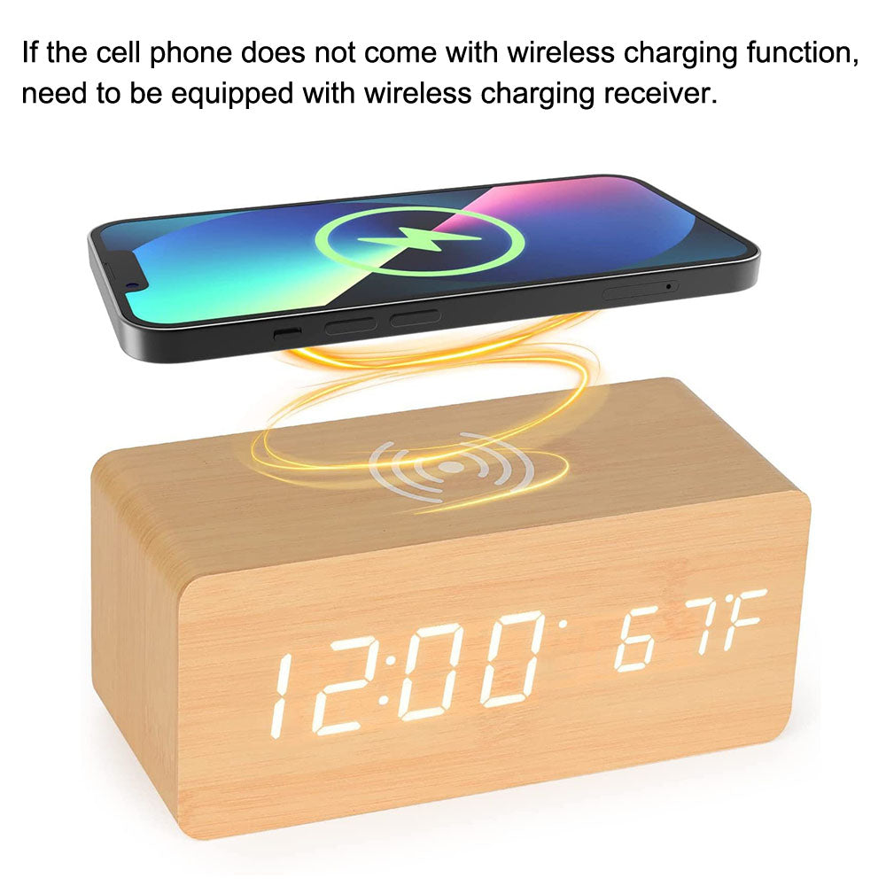 Wooden Desk Digital Clock Phone Chargers LED Display Temperature Wooden Digital Alarm Clock Wireless Charger Desk Table Clocks