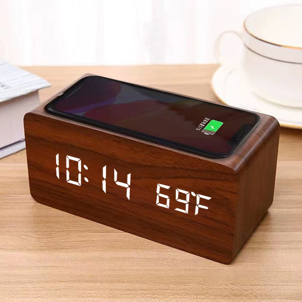 Wooden Desk Digital Clock Phone Chargers LED Display Temperature Wooden Digital Alarm Clock Wireless Charger Desk Table Clocks