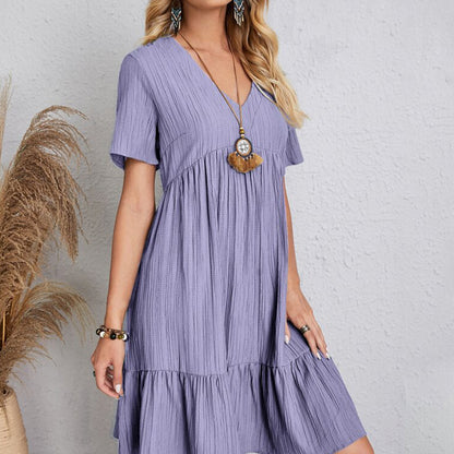 Summer Dress Women Casual V Neck Short Sleeve