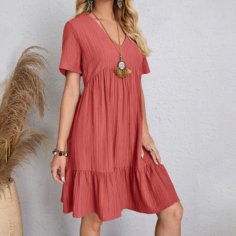 Summer Dress Women Casual V Neck Short Sleeve