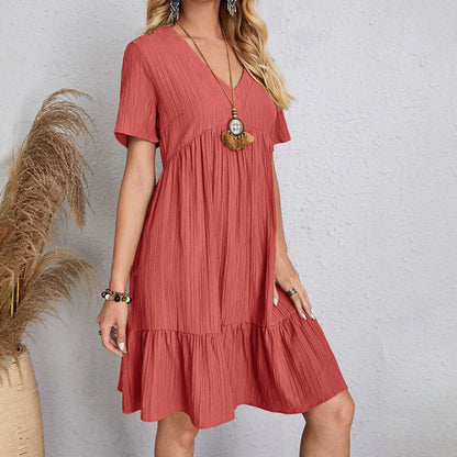Summer Dress Women Casual V Neck Short Sleeve