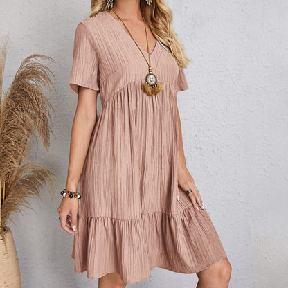 Summer Dress Women Casual V Neck Short Sleeve