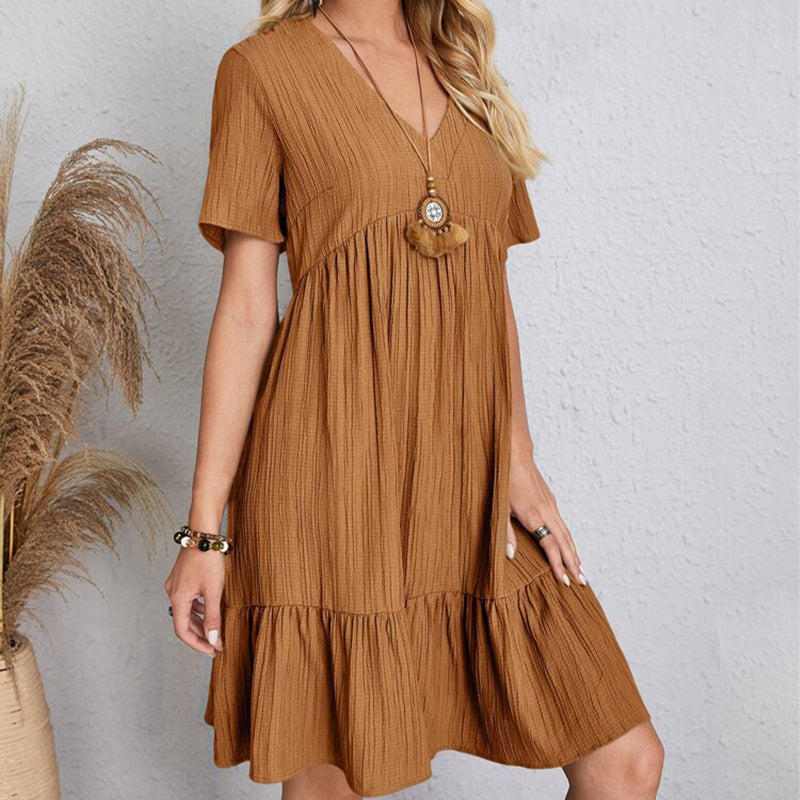 Summer Dress Women Casual V Neck Short Sleeve