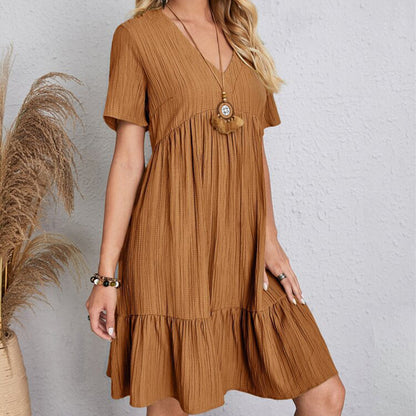 Summer Dress Women Casual V Neck Short Sleeve