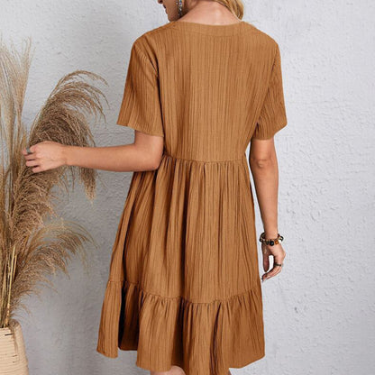 Summer Dress Women Casual V Neck Short Sleeve