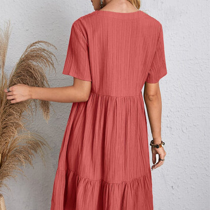 Summer Dress Women Casual V Neck Short Sleeve