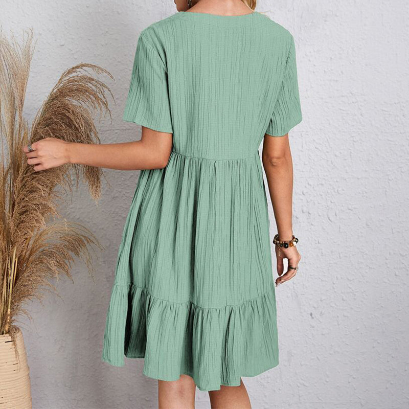 Summer Dress Women Casual V Neck Short Sleeve
