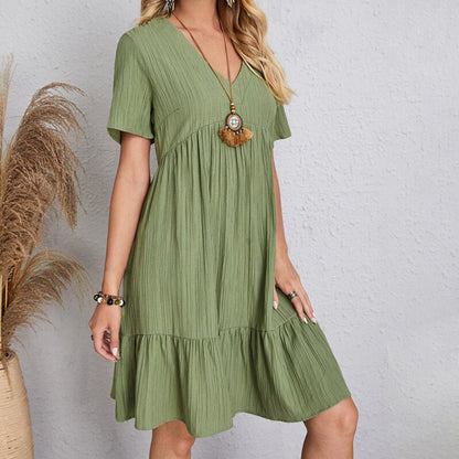 Summer Dress Women Casual V Neck Short Sleeve