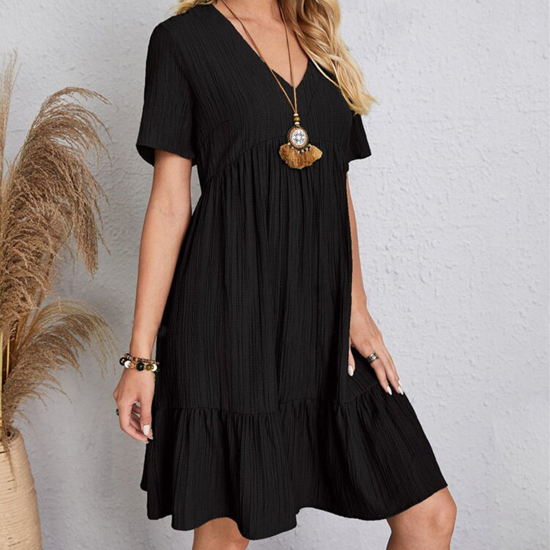 Summer Dress Women Casual V Neck Short Sleeve