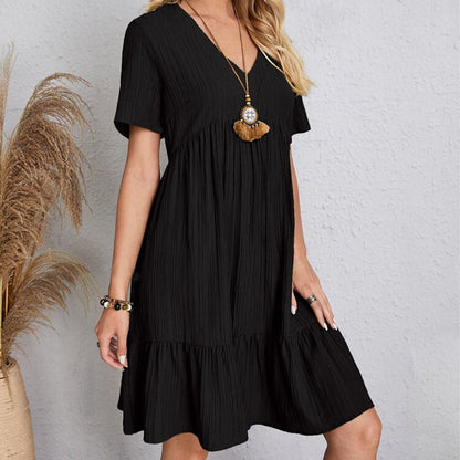 Summer Dress Women Casual V Neck Short Sleeve