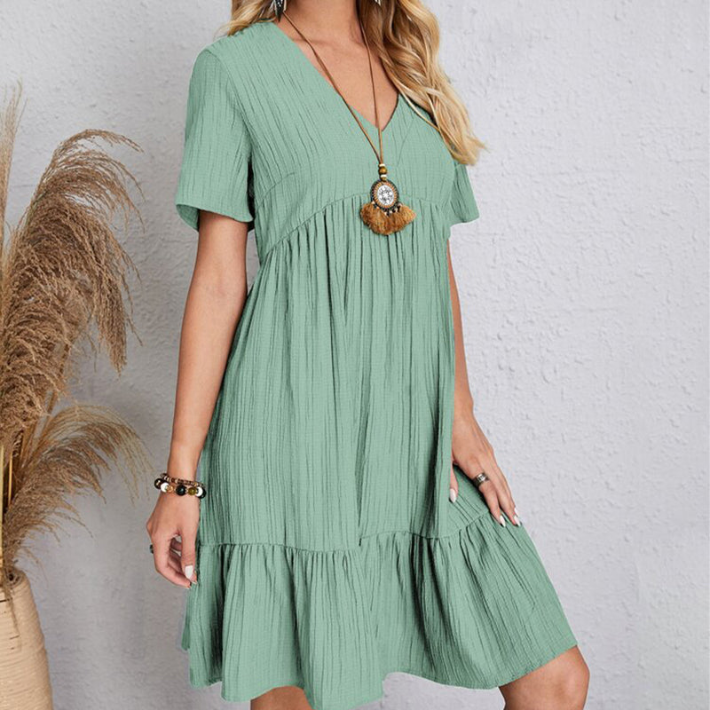 Summer Dress Women Casual V Neck Short Sleeve