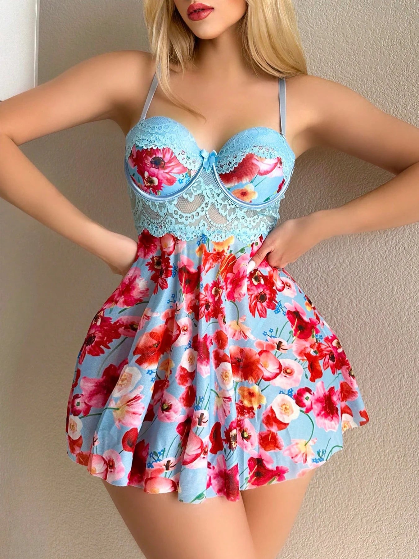 Women's Lace Underwire Floral Babydoll Nightgown Flowy Lingerie and Thong Set