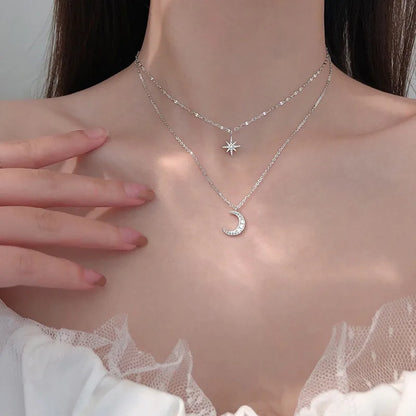 Necklace for Women Double Layer Zircon star Moon Pendant Necklace DelicateChain Charm Elegant Fashion Jewelry Gifts
