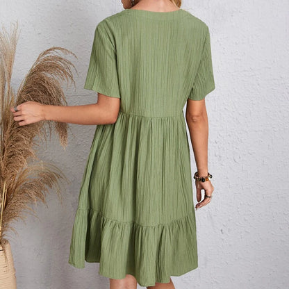 Summer Dress Women Casual V Neck Short Sleeve