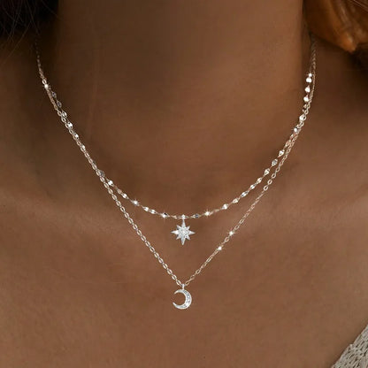 Necklace for Women Double Layer Zircon star Moon Pendant Necklace DelicateChain Charm Elegant Fashion Jewelry Gifts