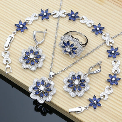 Flower Multicolor Zircon 925 Silver Jewelry Sets For Women Wedding Earrings/Pendant/Ring/Bracelet/Necklace Set