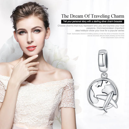 BAMOER Authentic 925 Sterling Silver Traveling Dream Map & Plane Charm Beads Fit Charm Bracelets Fashion DIY Jewelry S925 SCC242