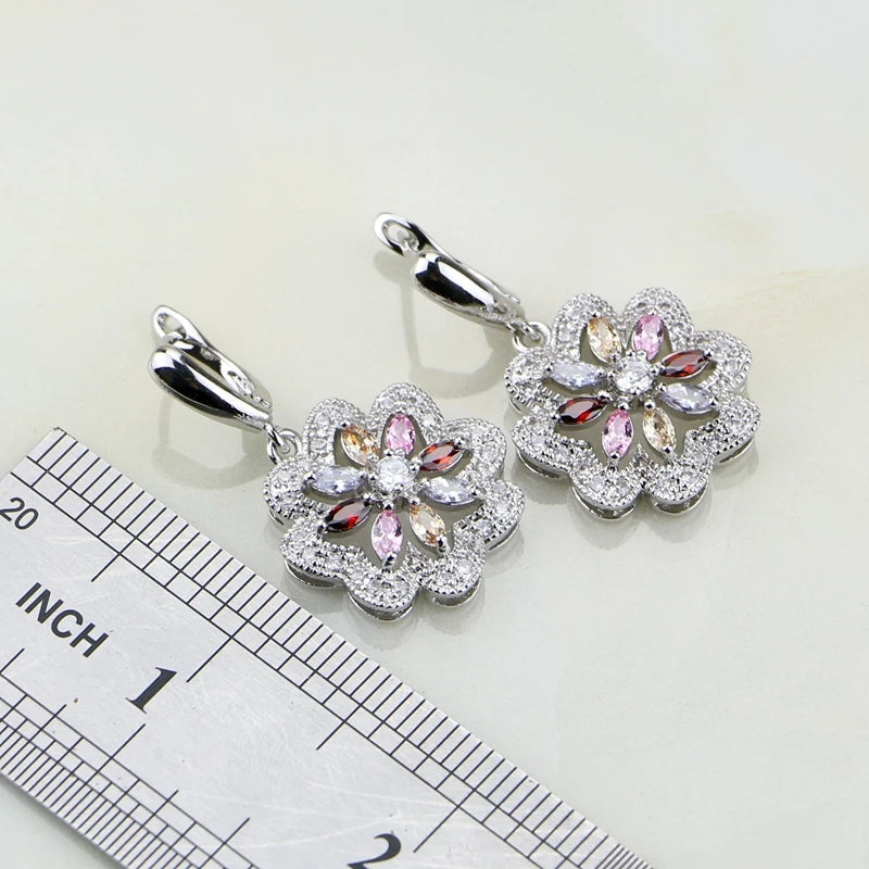 Flower Multicolor Zircon 925 Silver Jewelry Sets For Women Wedding Earrings/Pendant/Ring/Bracelet/Necklace Set
