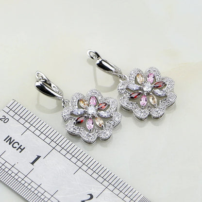 Flower Multicolor Zircon 925 Silver Jewelry Sets For Women Wedding Earrings/Pendant/Ring/Bracelet/Necklace Set