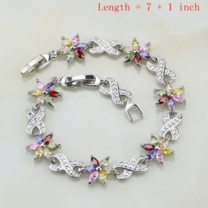 Flower Multicolor Zircon 925 Silver Jewelry Sets For Women Wedding Earrings/Pendant/Ring/Bracelet/Necklace Set