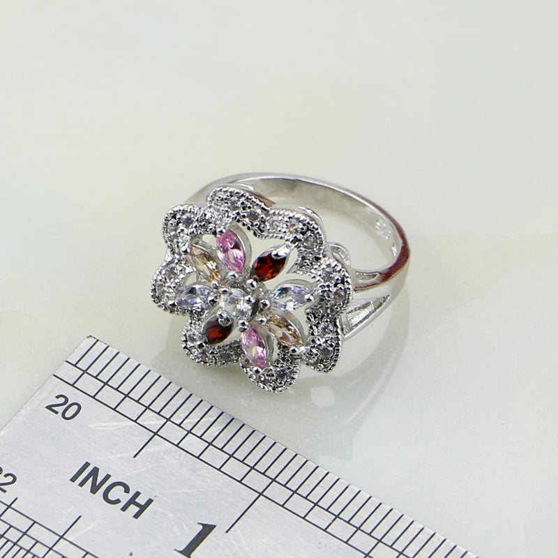Flower Multicolor Zircon 925 Silver Jewelry Sets For Women Wedding Earrings/Pendant/Ring/Bracelet/Necklace Set