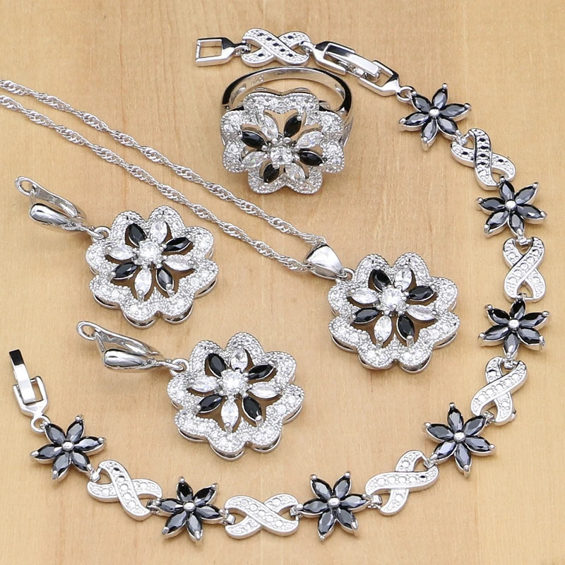 Flower Multicolor Zircon 925 Silver Jewelry Sets For Women Wedding Earrings/Pendant/Ring/Bracelet/Necklace Set