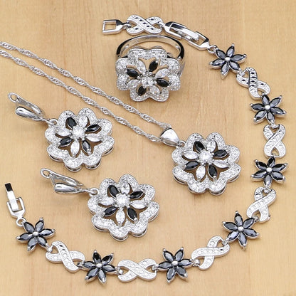 Flower Multicolor Zircon 925 Silver Jewelry Sets For Women Wedding Earrings/Pendant/Ring/Bracelet/Necklace Set