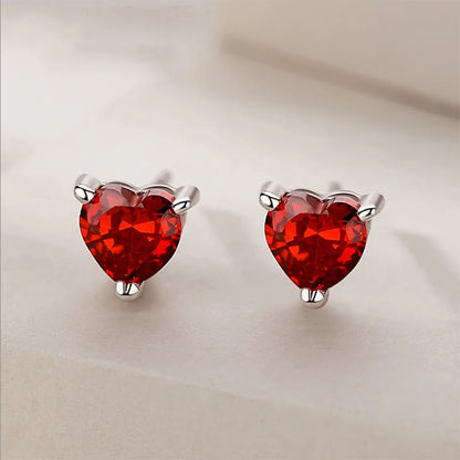 Buyee 925 Sterling Silver Small Stud Earring Light RED CRYSTAL Simple Heart Earring for Woman Fashion Party Fine Jewelry Earring