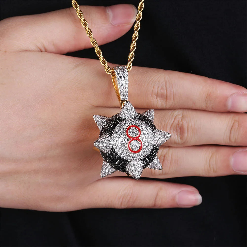 TOPGRILLZ New Iced out Trippieredd Inspired Spike 8-ball Billiard  Pendant Necklace With Tennis Chain Hip hop Jewelry