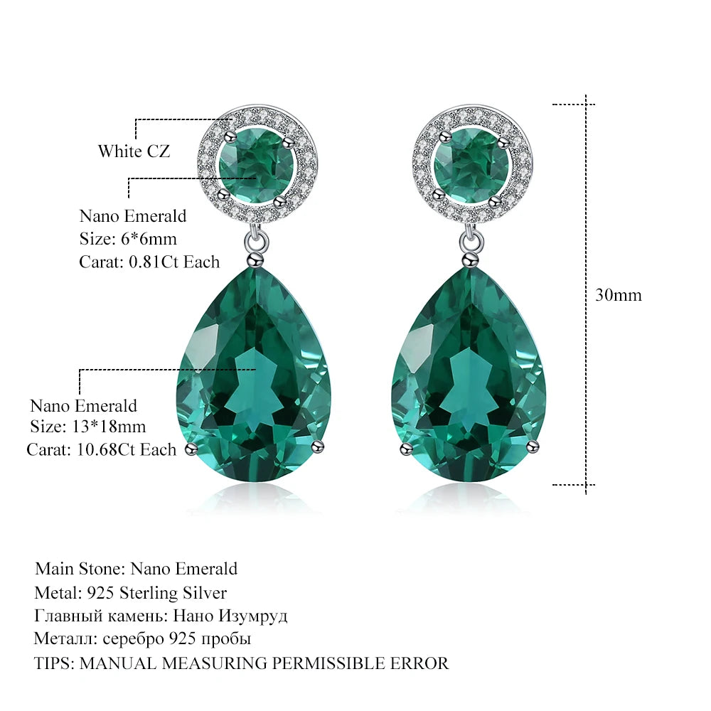 GEM'S BALLET Classic 22.98Ct Green Nano Emerald Drop Earrings Solid 925 Sterling Silver Earring Fine Jewelry For Women