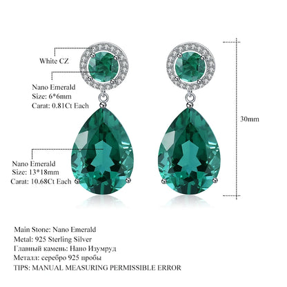 GEM'S BALLET Classic 22.98Ct Green Nano Emerald Drop Earrings Solid 925 Sterling Silver Earring Fine Jewelry For Women