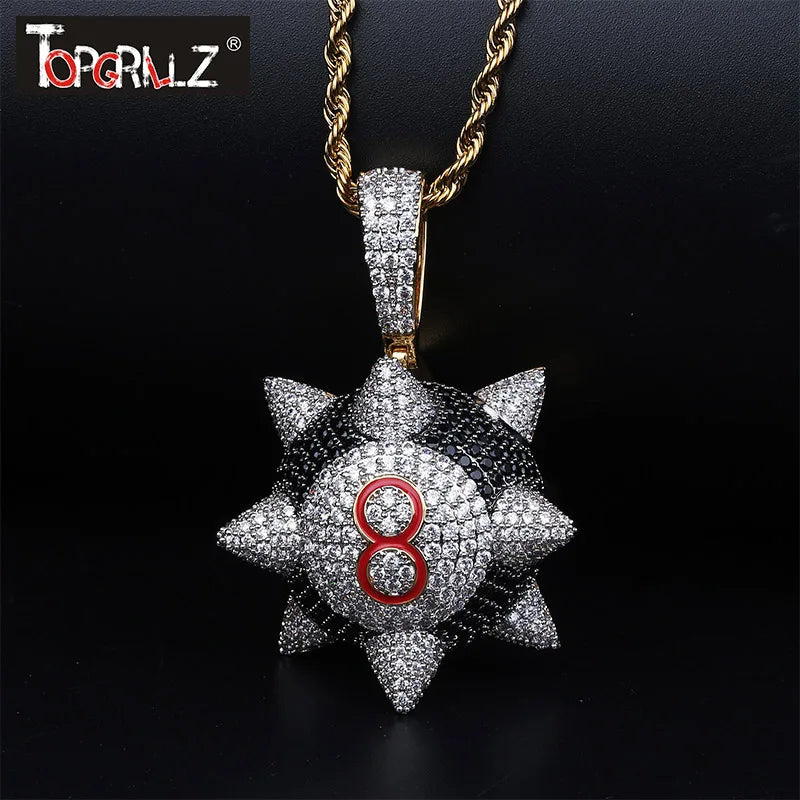 TOPGRILLZ New Iced out Trippieredd Inspired Spike 8-ball Billiard  Pendant Necklace With Tennis Chain Hip hop Jewelry