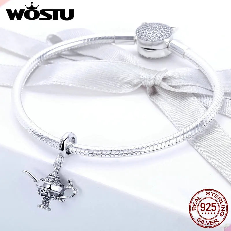WOSTU Hot Sale 925 Sterling Silver Lamp of Aladdin Dangle Charm Fit Original DIY Beads Bracelet Lucky Wish Jewelry Gift CQC703