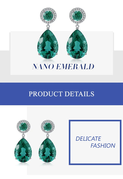 GEM'S BALLET Classic 22.98Ct Green Nano Emerald Drop Earrings Solid 925 Sterling Silver Earring Fine Jewelry For Women